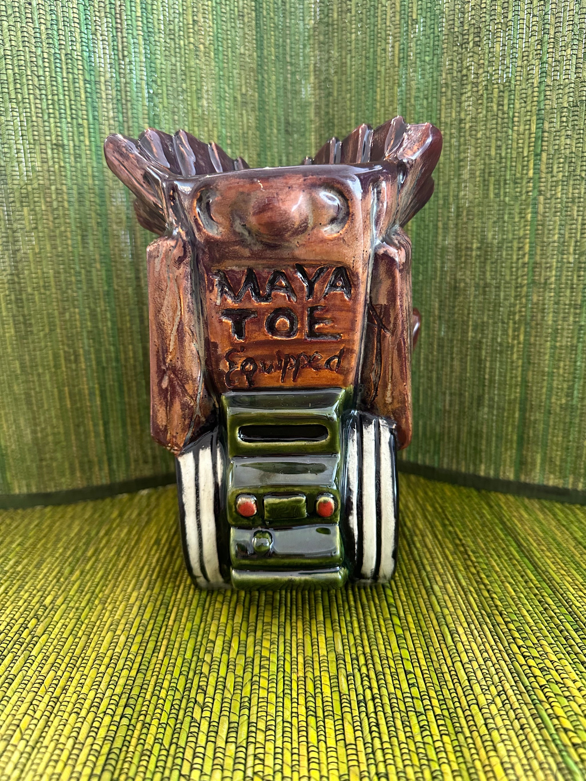 Tiki Fink Deluxe tiki mug: Green with Black Tires – BigToe Art Tiki Fink Deluxe tiki mug: Green with Black Tires – BigToe Art