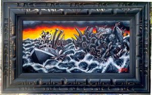 SOLD-Steamboat Cthulhu Original Acrylic Painting in Custom Frame